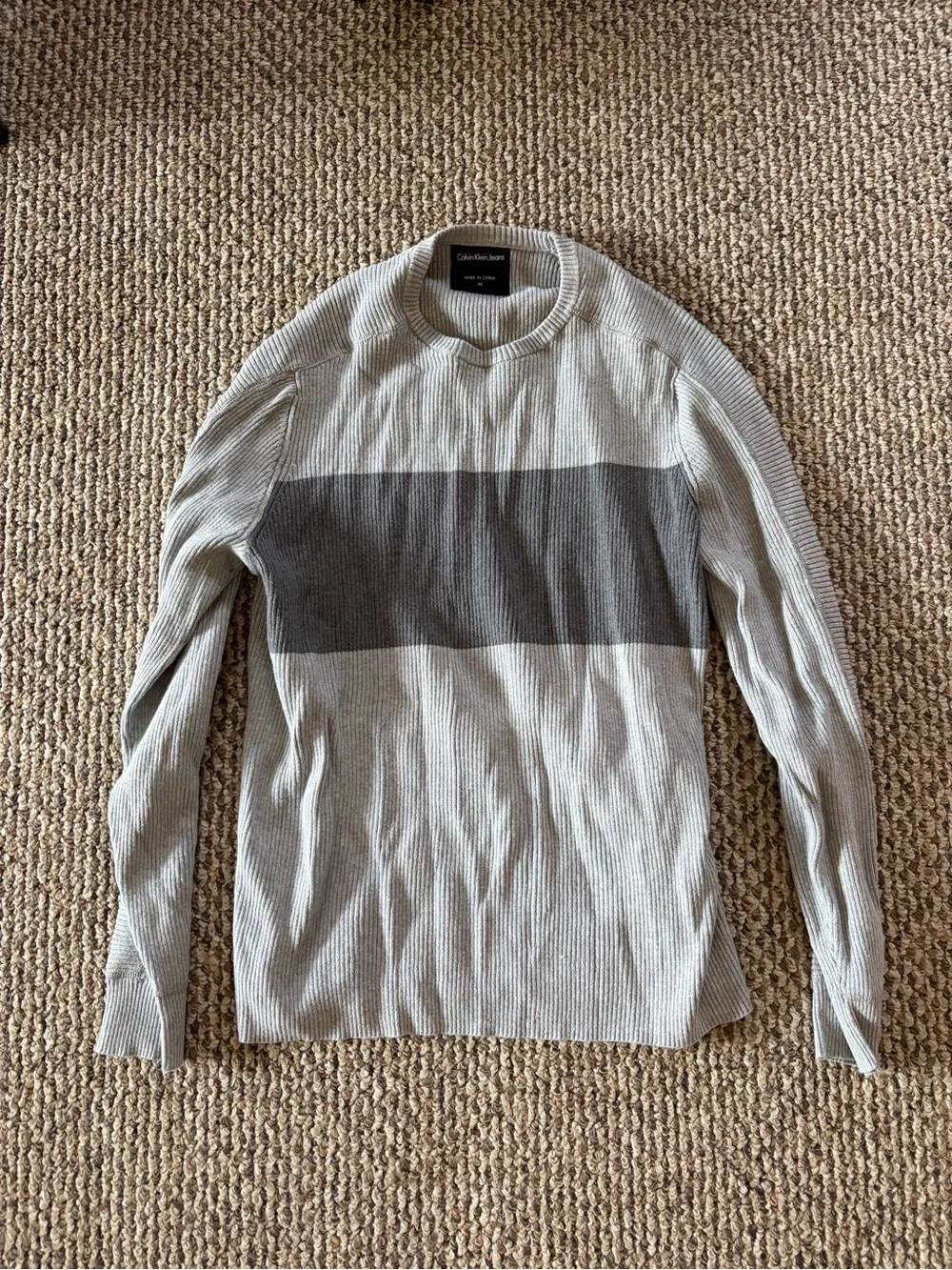 Calvin Klein Jeans Men’s Light Gray Crewneck Sweater with Charcoal Stripe